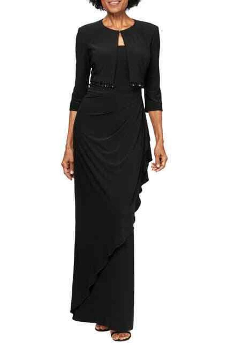 ALEX EVENINGS Ruched Gown with Bolero Sleeveless Scooped Neck Black Size 14P